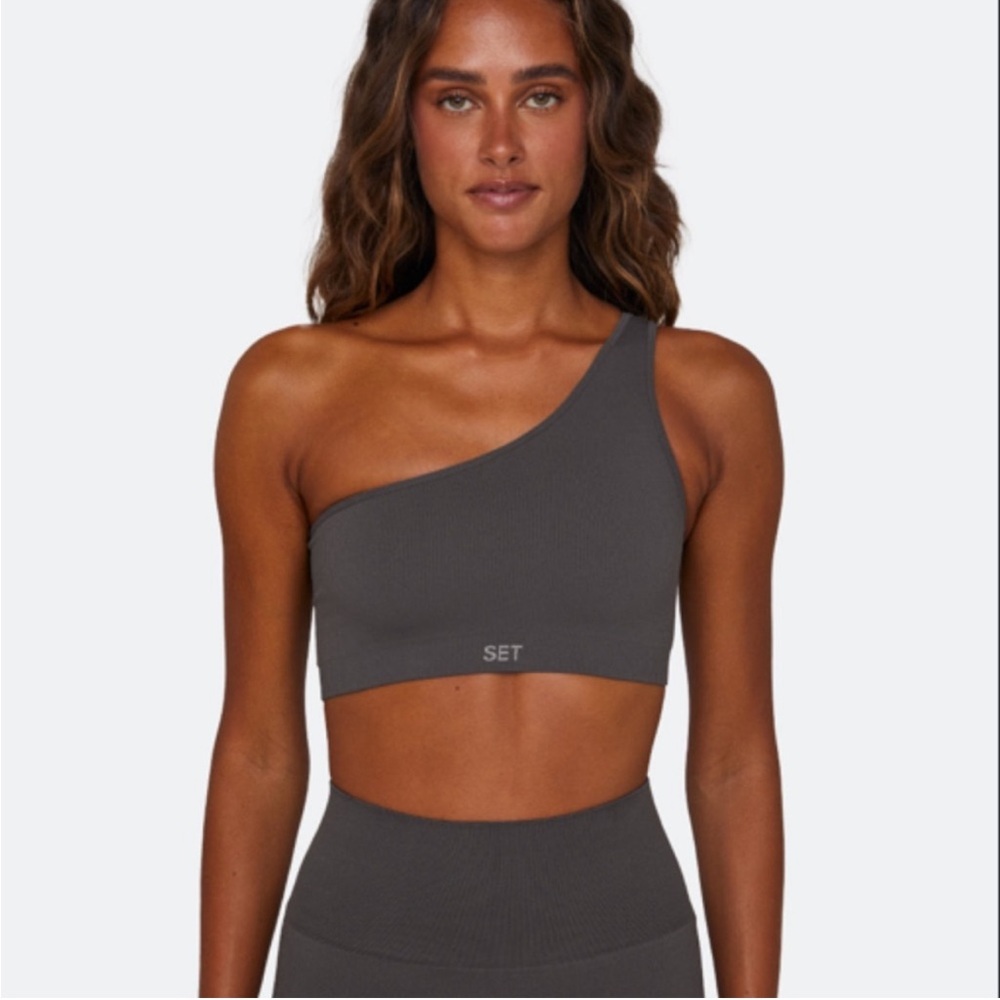 Set Active One Shoulder Ribbed Sports Bra Grey Size Small